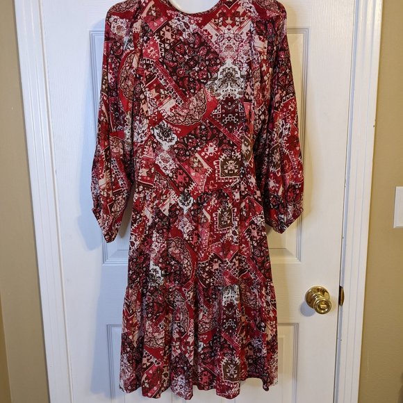 Calvin Klein Maroon Pink White Mixed Print Long Sleeve Dress - size 4 - Picture 2 of 14
